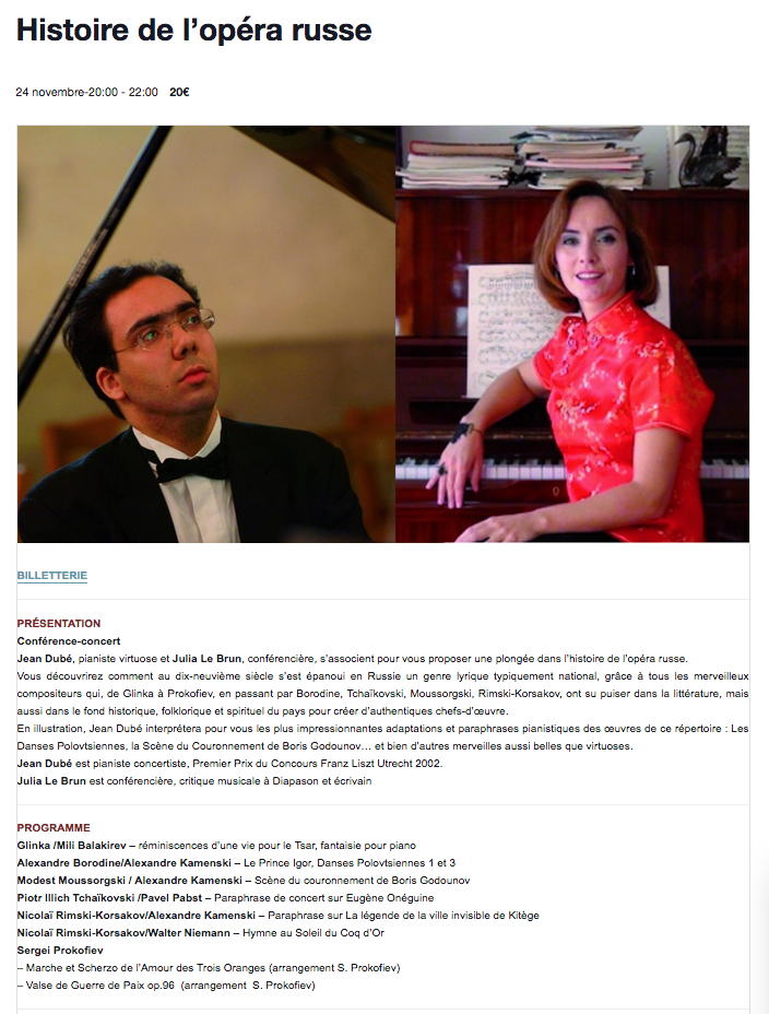 Page Internet. L|Accord Parfait, Paris. Concert conférence sur l|opéra russe avec le pianiste Jean Dubé et Julia Le Brun, conférencière. 2023-11-24